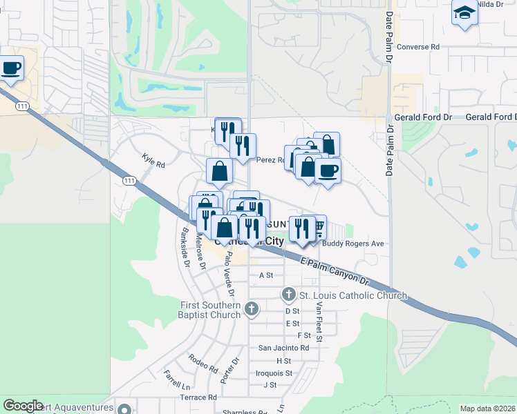 map of restaurants, bars, coffee shops, grocery stores, and more near 5th Street in Cathedral City
