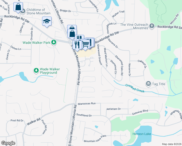 map of restaurants, bars, coffee shops, grocery stores, and more near 5630 Stonington Trace Parkway in Stone Mountain