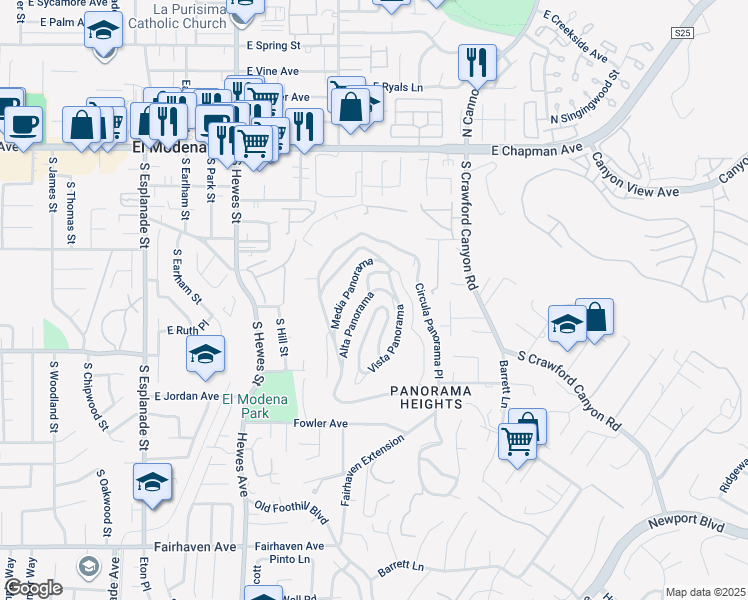 map of restaurants, bars, coffee shops, grocery stores, and more near 12281 Alta Panorama in Santa Ana