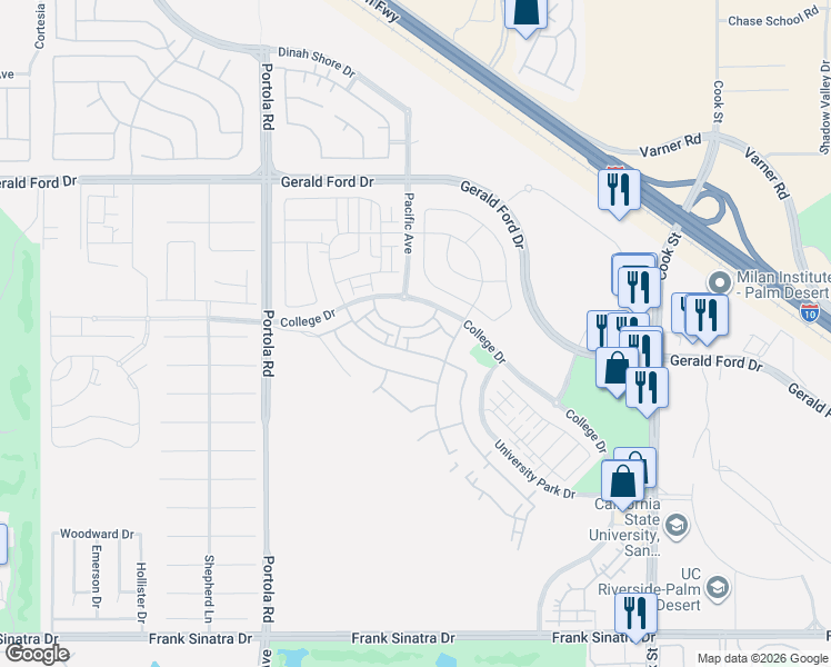 map of restaurants, bars, coffee shops, grocery stores, and more near 75258 Buckley Drive in Palm Desert