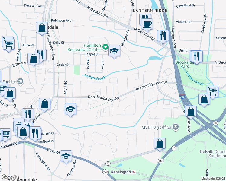 map of restaurants, bars, coffee shops, grocery stores, and more near 323 Cobblestone Trail in Avondale Estates