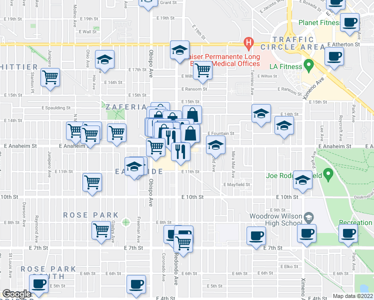 map of restaurants, bars, coffee shops, grocery stores, and more near 3444 East Anaheim Street in Long Beach