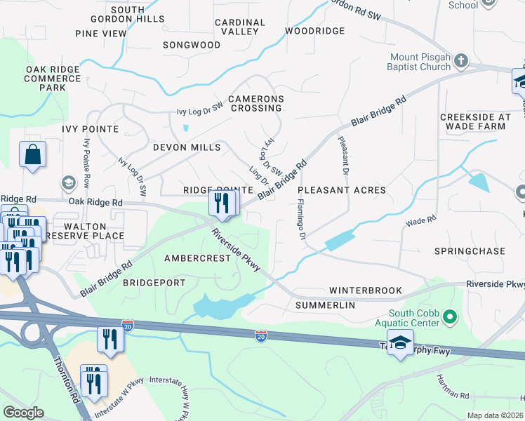 map of restaurants, bars, coffee shops, grocery stores, and more near 7077 Blairs View Drive in Austell