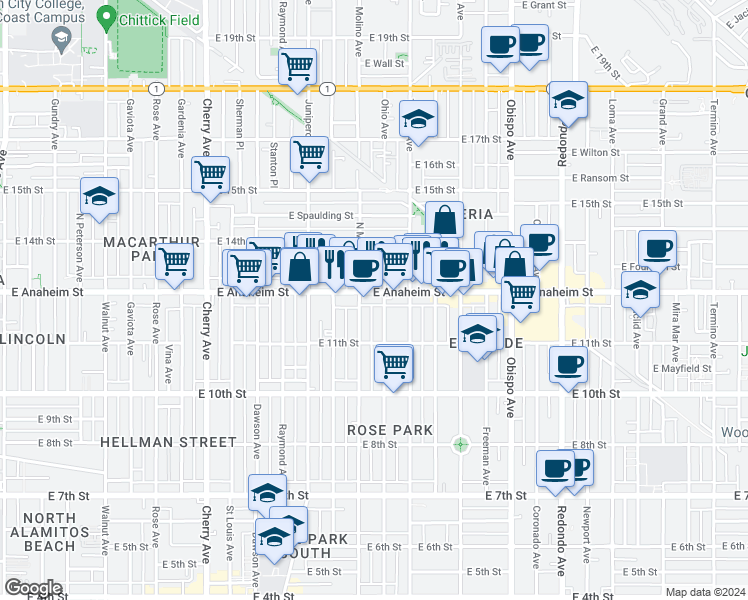 map of restaurants, bars, coffee shops, grocery stores, and more near 2626 East Anaheim Street in Long Beach