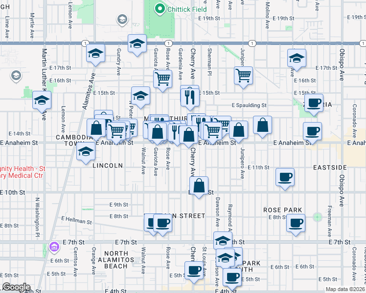 map of restaurants, bars, coffee shops, grocery stores, and more near 1900 East Anaheim Street in Long Beach