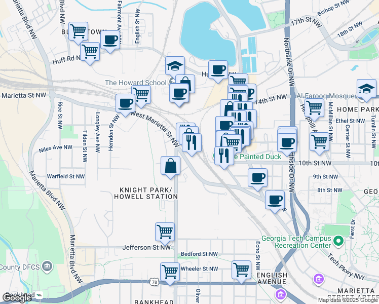 map of restaurants, bars, coffee shops, grocery stores, and more near 1040 Brady Avenue Northwest in Atlanta