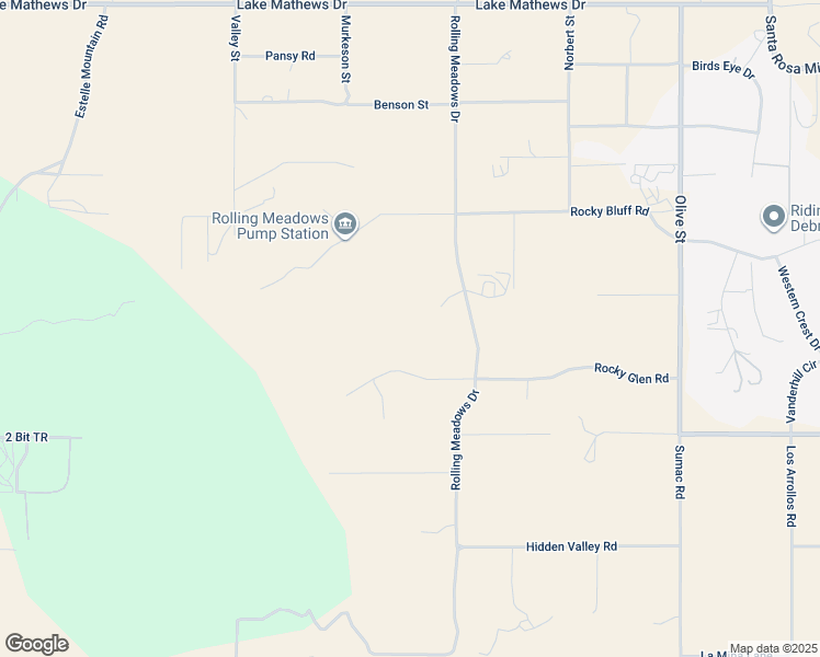 map of restaurants, bars, coffee shops, grocery stores, and more near 16390 Rocky Glen Road in Perris