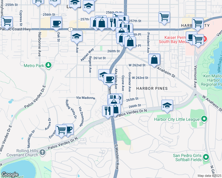 map of restaurants, bars, coffee shops, grocery stores, and more near 26320 South Western Avenue in Lomita