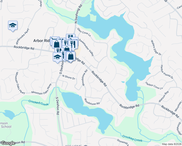 map of restaurants, bars, coffee shops, grocery stores, and more near 7241 Lake Crossing in Stone Mountain