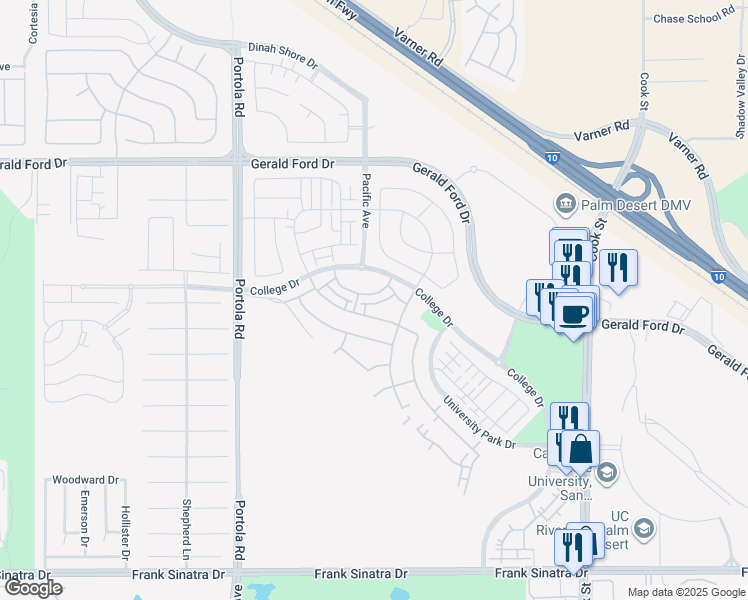 map of restaurants, bars, coffee shops, grocery stores, and more near 75270 Buckley Drive in Palm Desert