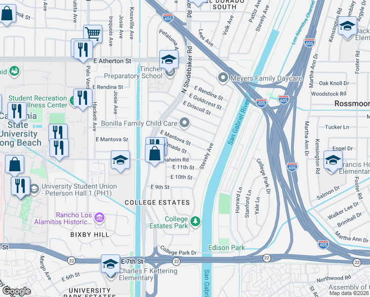 map of restaurants, bars, coffee shops, grocery stores, and more near 6821 East Mantova Street in Long Beach