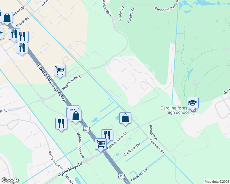map of restaurants, bars, coffee shops, grocery stores, and more near 348 Wild Wing Boulevard in Conway