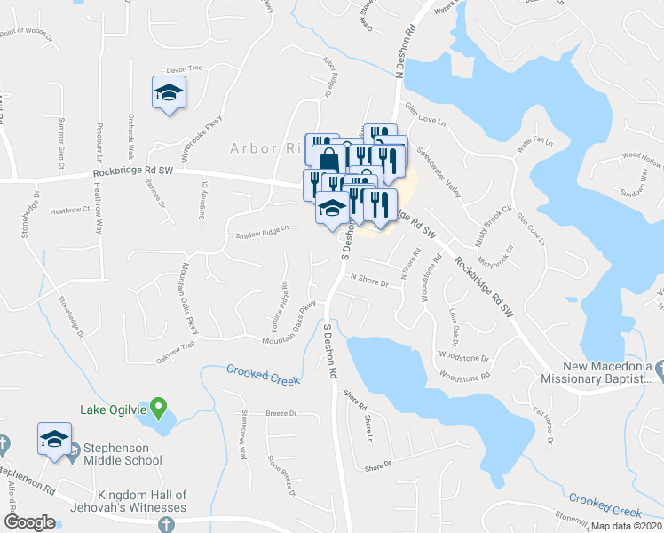 map of restaurants, bars, coffee shops, grocery stores, and more near 6975 Watkins Glen Road in Stone Mountain