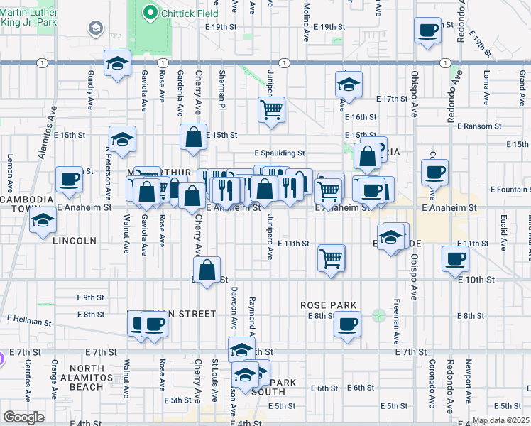 map of restaurants, bars, coffee shops, grocery stores, and more near 2315 East Anaheim Street in Long Beach