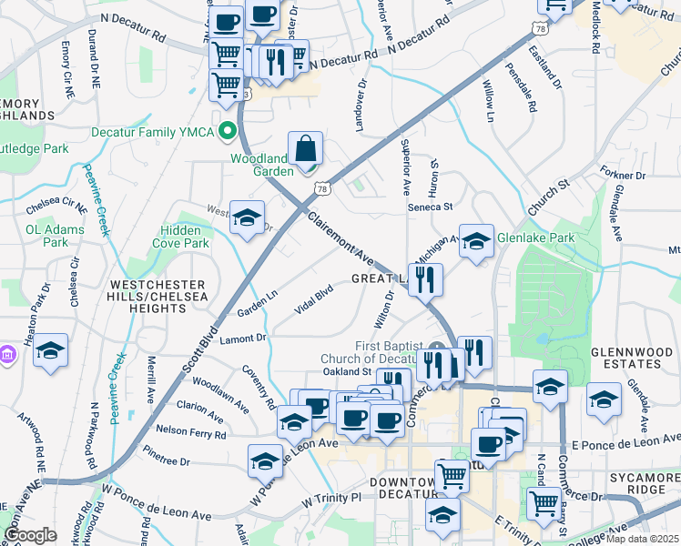 map of restaurants, bars, coffee shops, grocery stores, and more near 640 Clairemont Avenue in Decatur