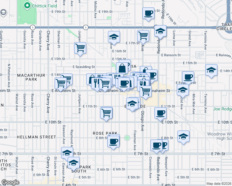 map of restaurants, bars, coffee shops, grocery stores, and more near 2829 East Anaheim Street in Long Beach