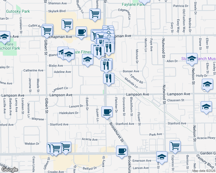 map of restaurants, bars, coffee shops, grocery stores, and more near 10065 Hidden Village Road in Garden Grove