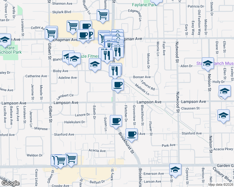 map of restaurants, bars, coffee shops, grocery stores, and more near 12364 Brookhurst Street in Garden Grove