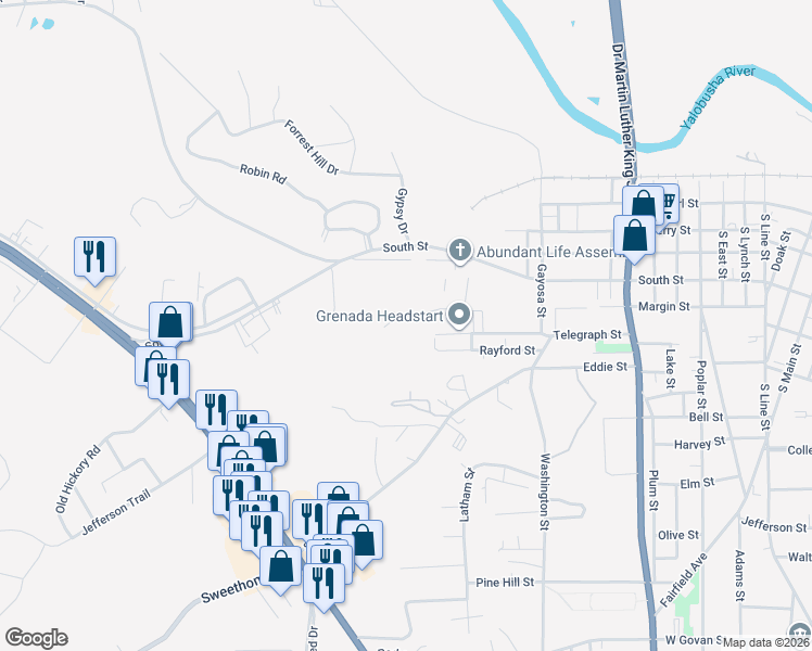 map of restaurants, bars, coffee shops, grocery stores, and more near 1199 Cathey Drive in Grenada