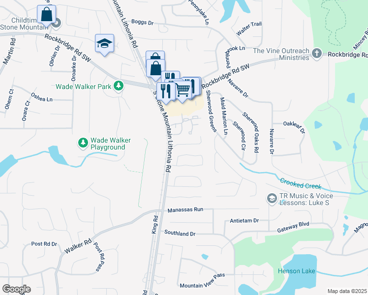 map of restaurants, bars, coffee shops, grocery stores, and more near 5601 Stonington Trace Parkway in Stone Mountain
