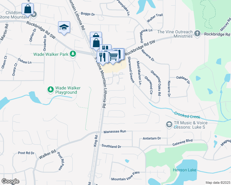 map of restaurants, bars, coffee shops, grocery stores, and more near 5607 Stonington Trace Parkway in Stone Mountain