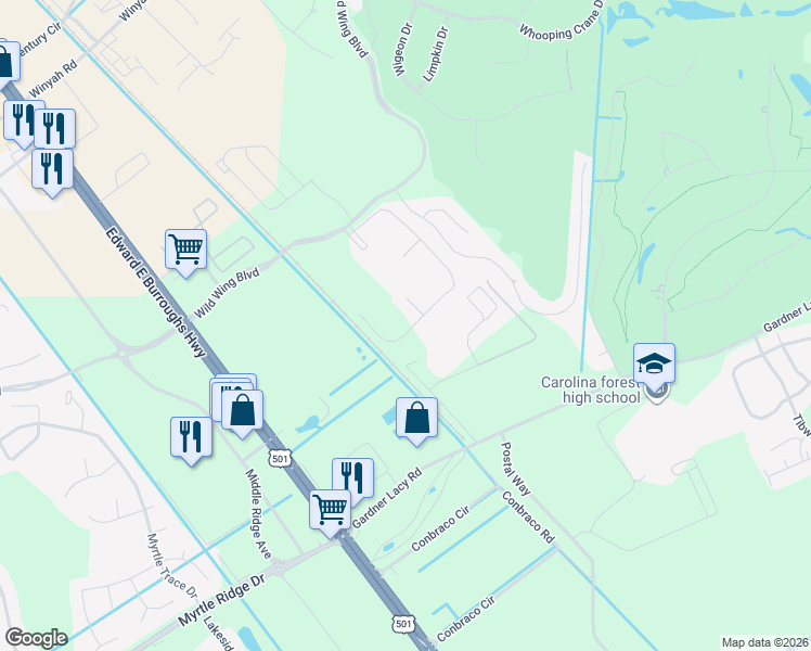 map of restaurants, bars, coffee shops, grocery stores, and more near 334 Kiskadee Loop in Conway