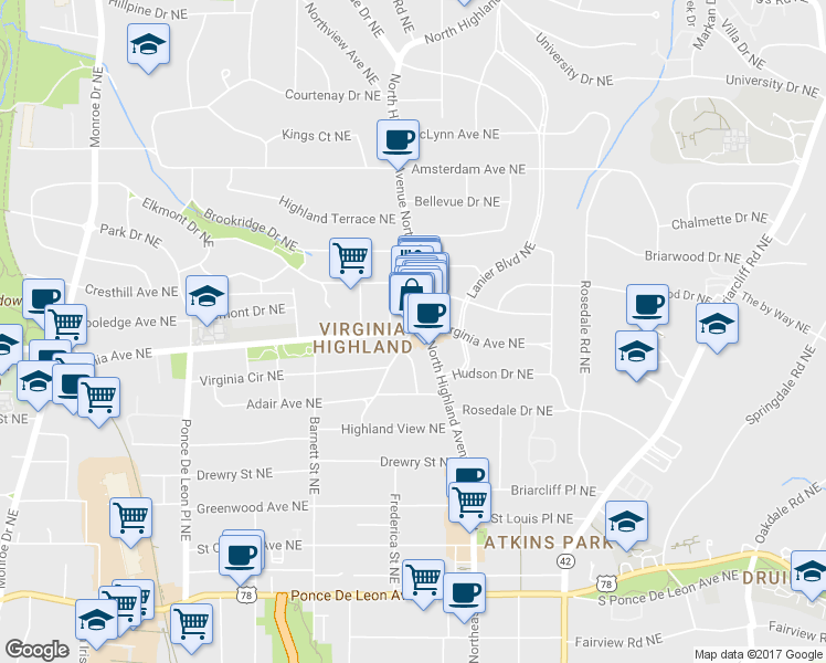 map of restaurants, bars, coffee shops, grocery stores, and more near 1002 Virginia Ave NE in Atlanta