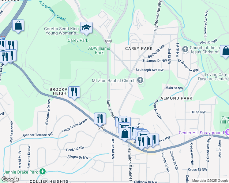 map of restaurants, bars, coffee shops, grocery stores, and more near 2680 Brown Street Northwest in Atlanta