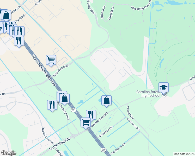 map of restaurants, bars, coffee shops, grocery stores, and more near 348 Kiskadee Loop in Conway