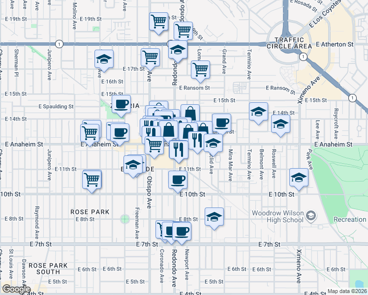 map of restaurants, bars, coffee shops, grocery stores, and more near 3444 East Anaheim Street in Long Beach