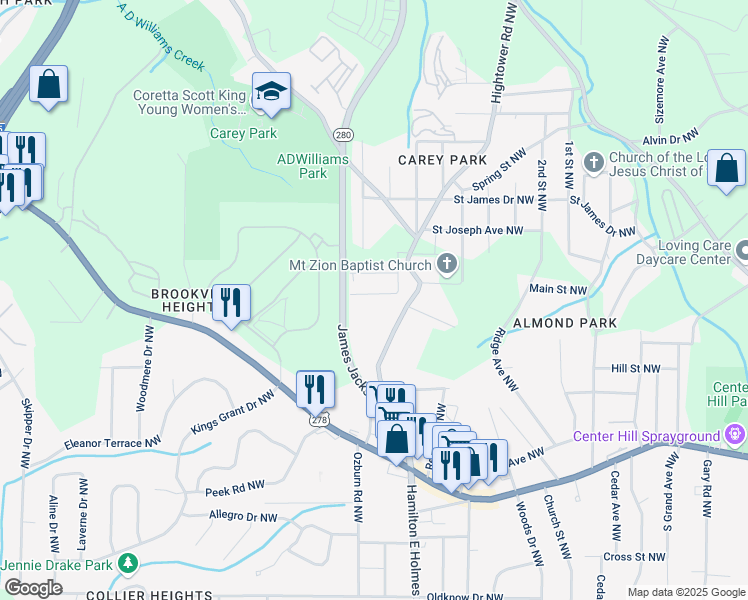 map of restaurants, bars, coffee shops, grocery stores, and more near 2664 Brown Street Northwest in Atlanta