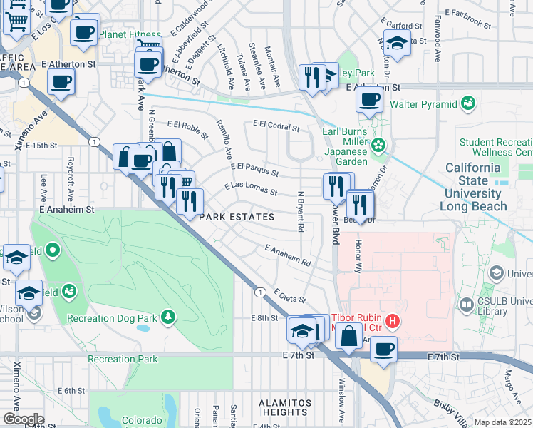 map of restaurants, bars, coffee shops, grocery stores, and more near 5461 East El Jardin Street in Long Beach