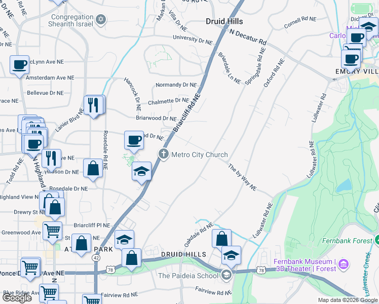map of restaurants, bars, coffee shops, grocery stores, and more near 1202 The by Way Northeast in Atlanta