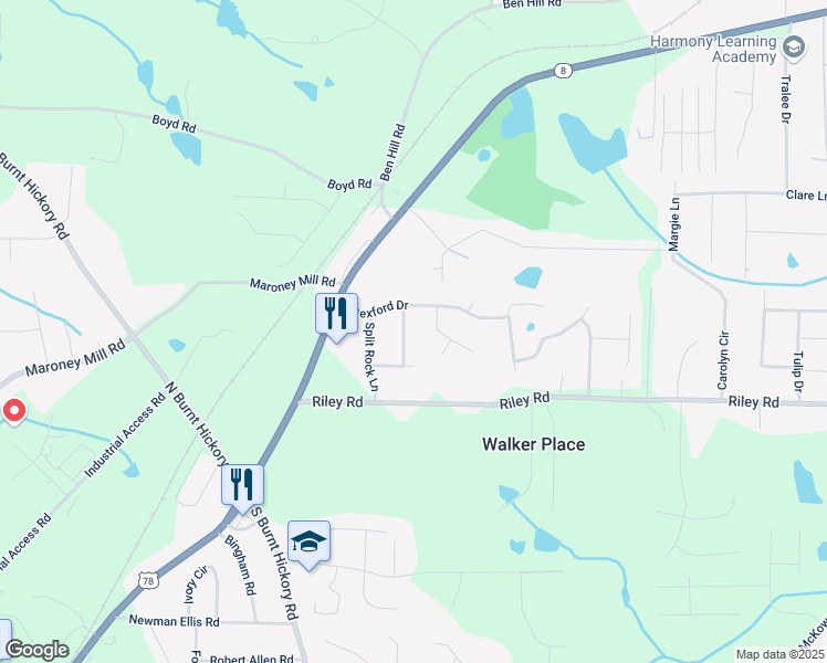 map of restaurants, bars, coffee shops, grocery stores, and more near 850 Briarwood Trail in Douglasville