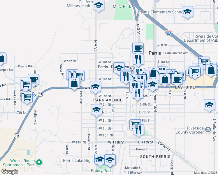 map of restaurants, bars, coffee shops, grocery stores, and more near 314 South B Street in Perris