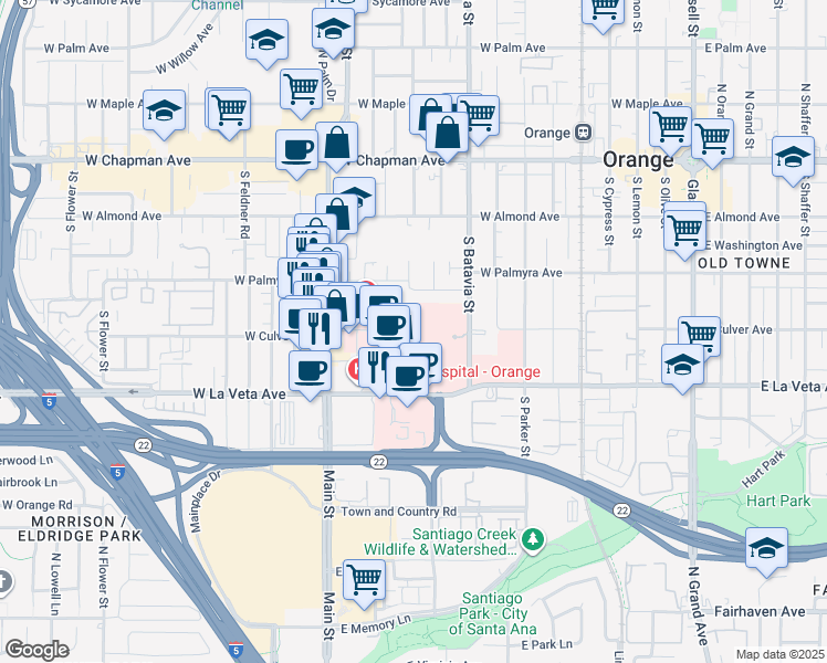 map of restaurants, bars, coffee shops, grocery stores, and more near 440 South Batavia Street in Orange