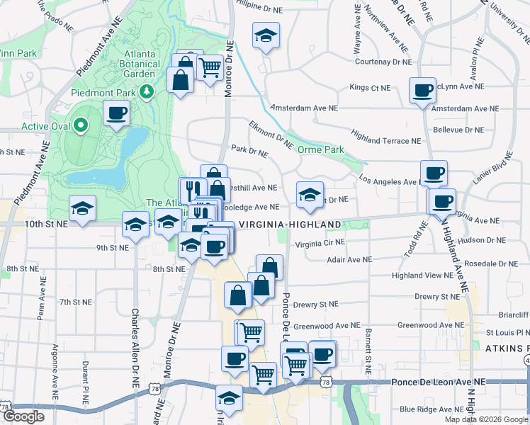 map of restaurants, bars, coffee shops, grocery stores, and more near 704 Cooledge Avenue Northeast in Atlanta