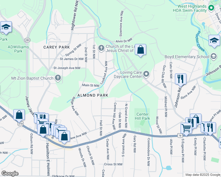 map of restaurants, bars, coffee shops, grocery stores, and more near 1015 Ada Avenue Northwest in Atlanta