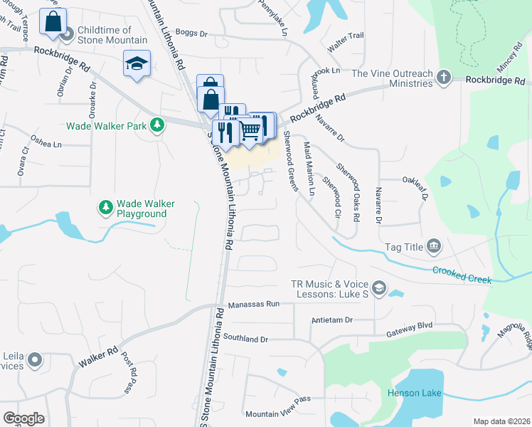map of restaurants, bars, coffee shops, grocery stores, and more near 5630 Stonington Trace Parkway in Stone Mountain