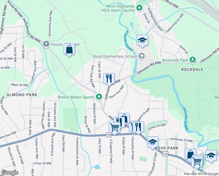 map of restaurants, bars, coffee shops, grocery stores, and more near 4 Johnson Road Northwest in Atlanta
