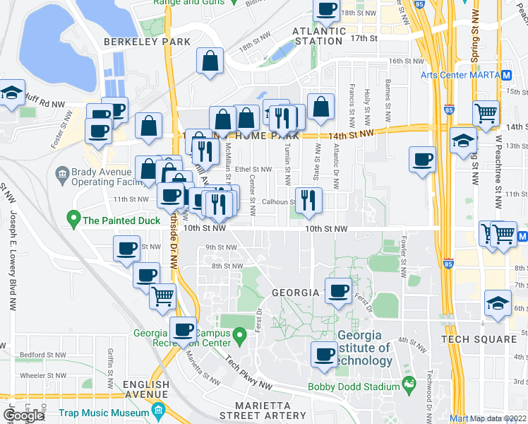 map of restaurants, bars, coffee shops, grocery stores, and more near 455 Lynch Avenue Northwest in Atlanta