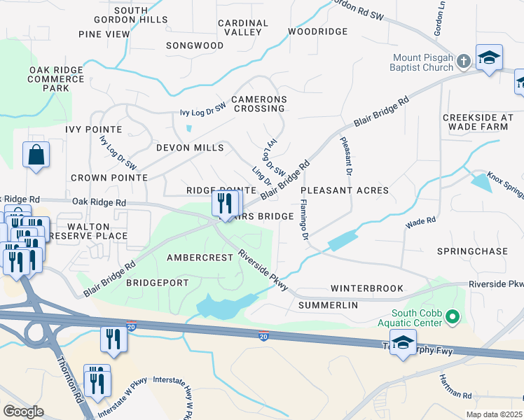map of restaurants, bars, coffee shops, grocery stores, and more near 7073 Blairs View Drive in Austell