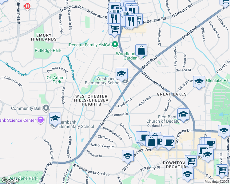 map of restaurants, bars, coffee shops, grocery stores, and more near 148 Mockingbird Lane in Decatur