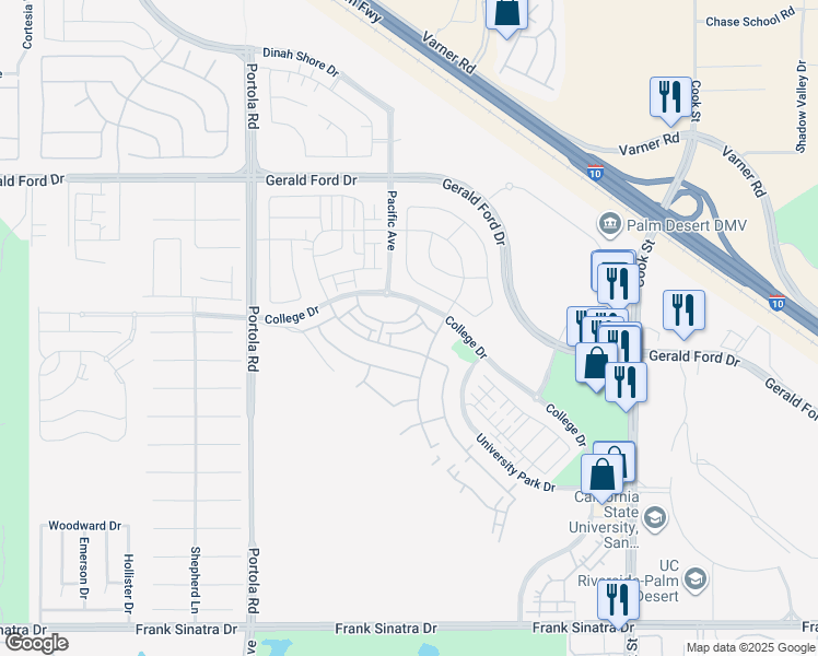 map of restaurants, bars, coffee shops, grocery stores, and more near 36209 Warren Drive in Palm Desert