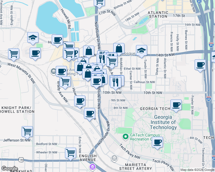 map of restaurants, bars, coffee shops, grocery stores, and more near 1035 Hampton Street Northwest in Atlanta