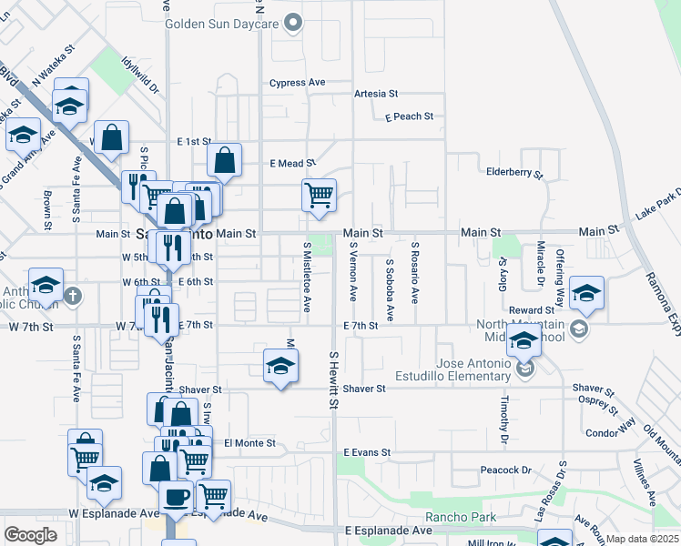 map of restaurants, bars, coffee shops, grocery stores, and more near 555 South Hewitt Street in San Jacinto