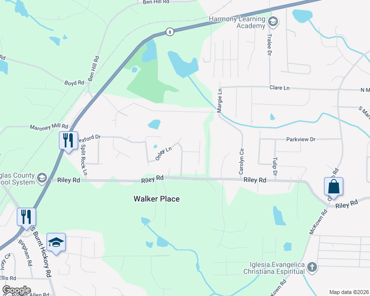 map of restaurants, bars, coffee shops, grocery stores, and more near 3620 Longfield Drive in Douglasville