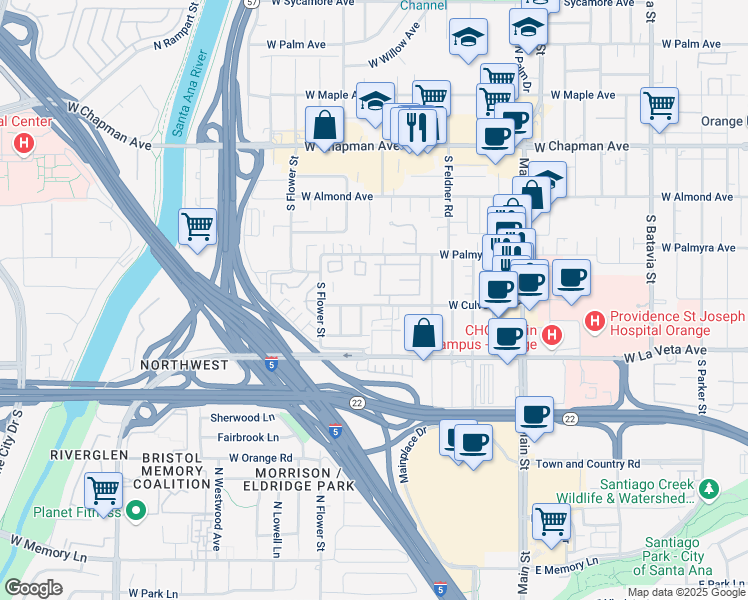 map of restaurants, bars, coffee shops, grocery stores, and more near 1910 West Palmyra Avenue in Orange