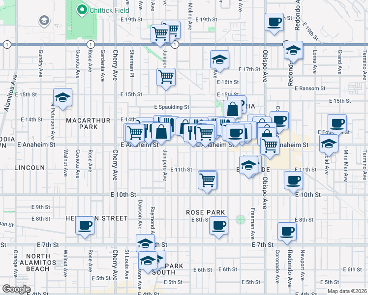 map of restaurants, bars, coffee shops, grocery stores, and more near 2516 East Anaheim Street in Long Beach