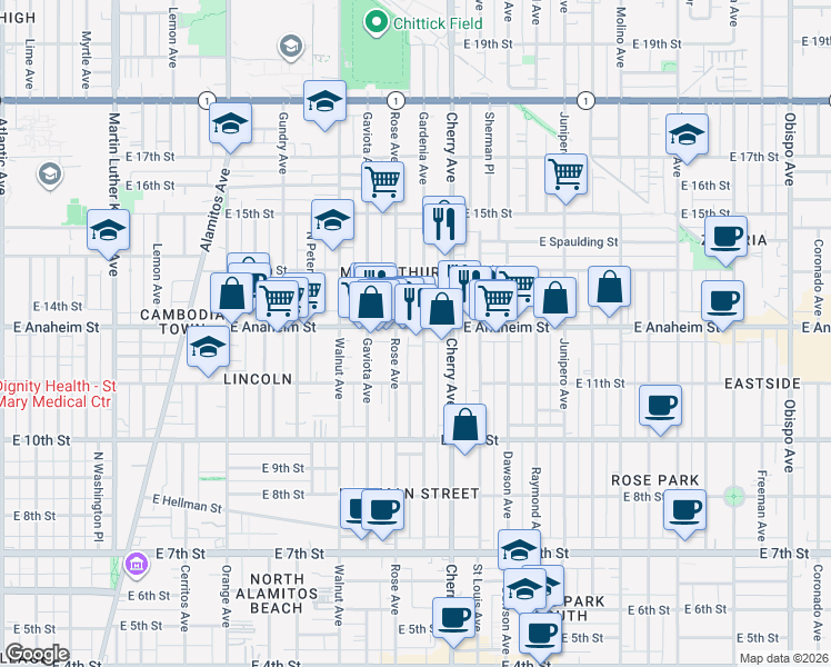 map of restaurants, bars, coffee shops, grocery stores, and more near 1300 Gardenia Avenue in Long Beach